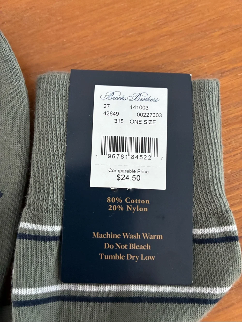 Brooks Brothers Olive Green Stripe Dress Socks with Navy & White